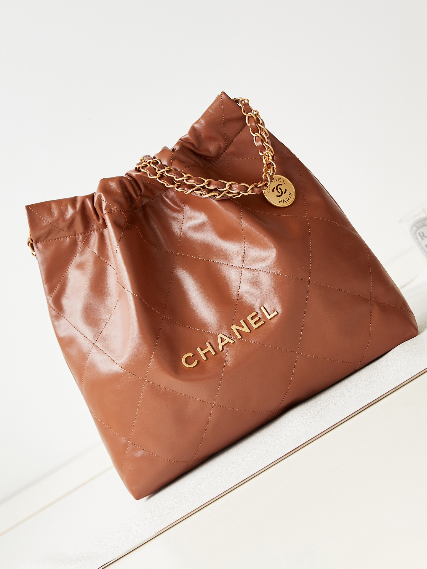 Ch*el 22 small handbag shiny calfskin brown 13.7×14.4×2.7 in