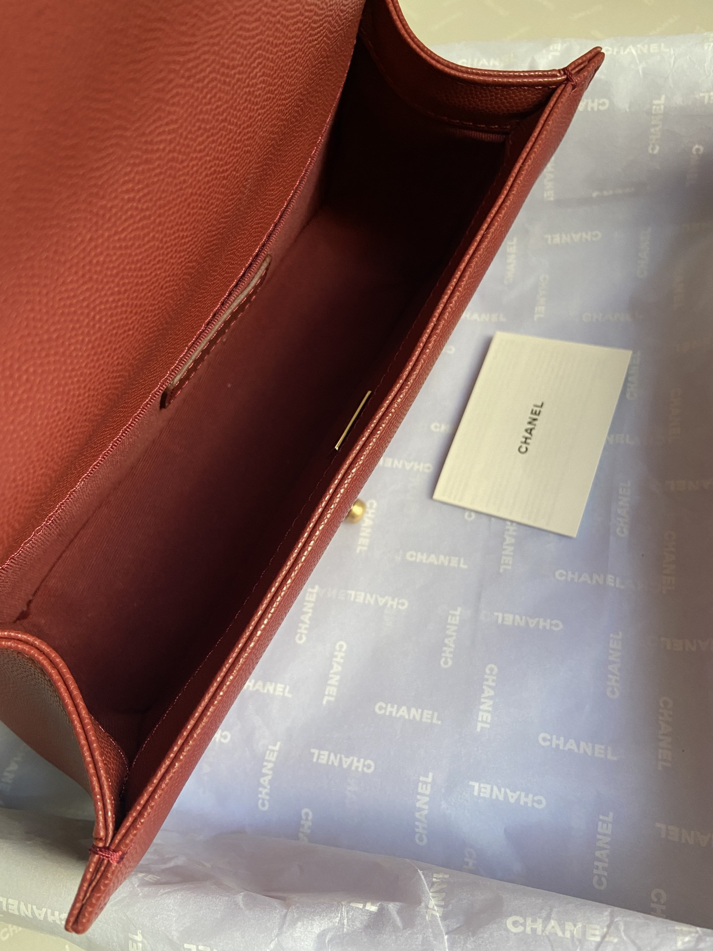 boy Ch*el handbag shiny grained calfskin & gold-tone metal red 5.9 × 9.8 × 3.5 in