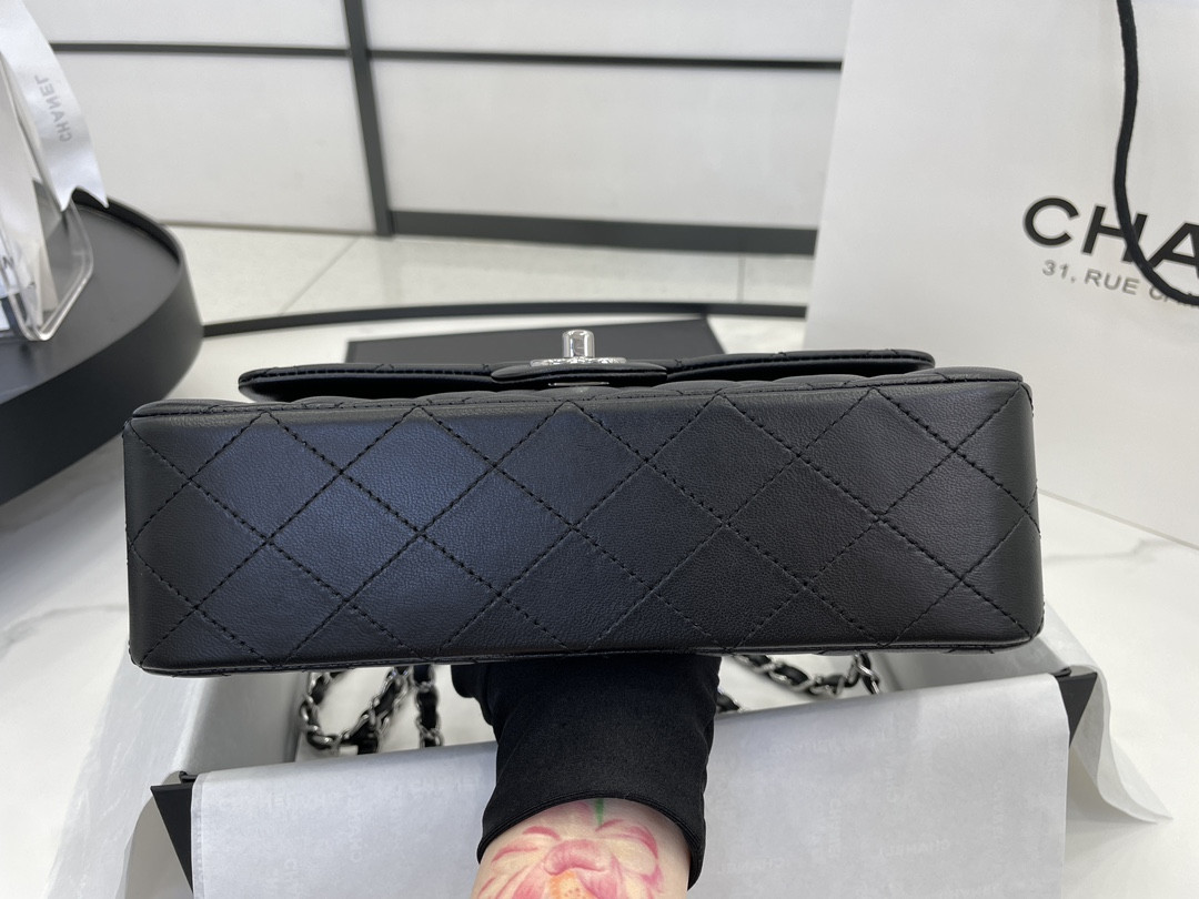 Ch*el small classic handbag grained shiny calfskin & silver-tone metal black 5.7 × 9 × 2.3 in