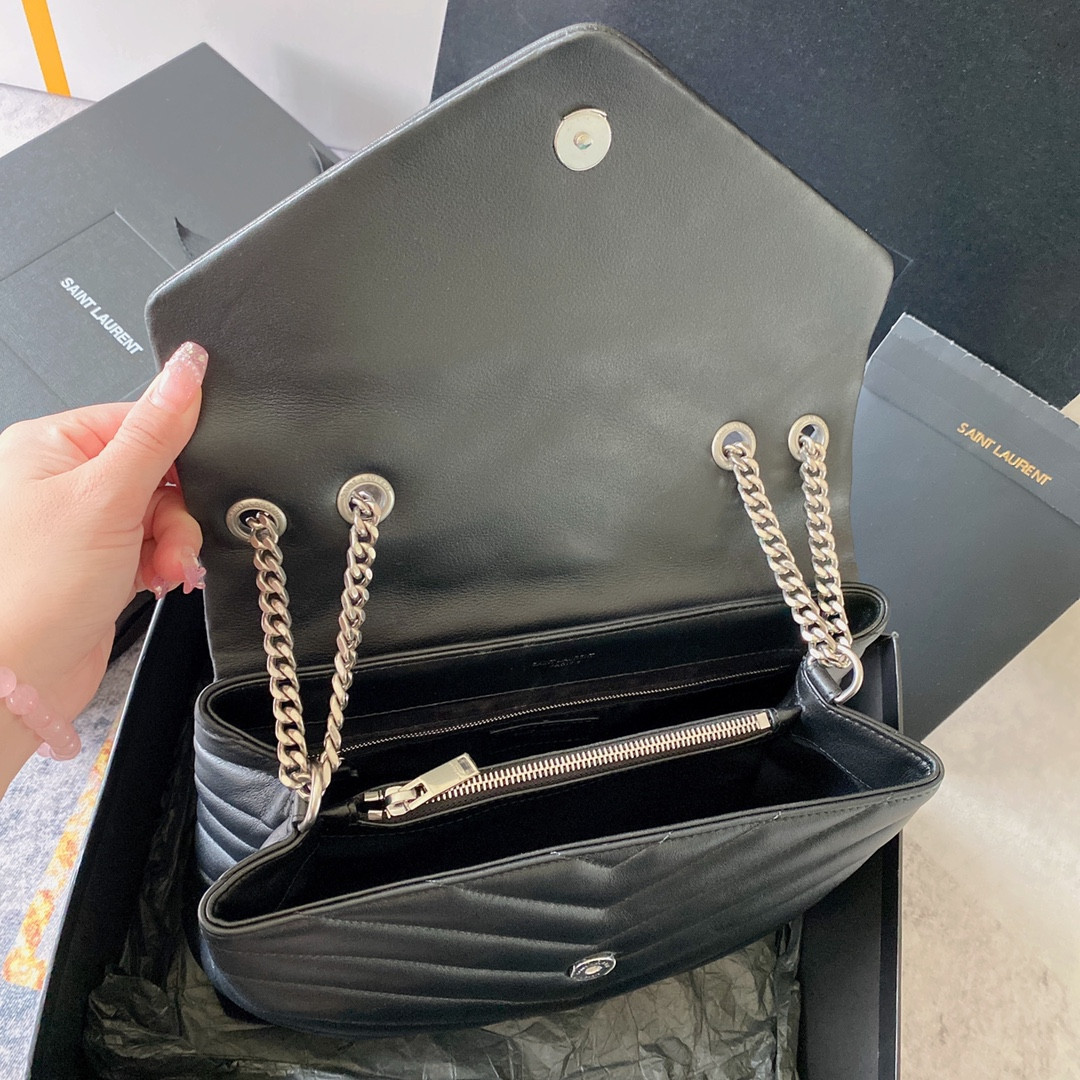 Y*L loulou medium in quilted leather black silver 12.5 x 8.6 x 3.5 inches