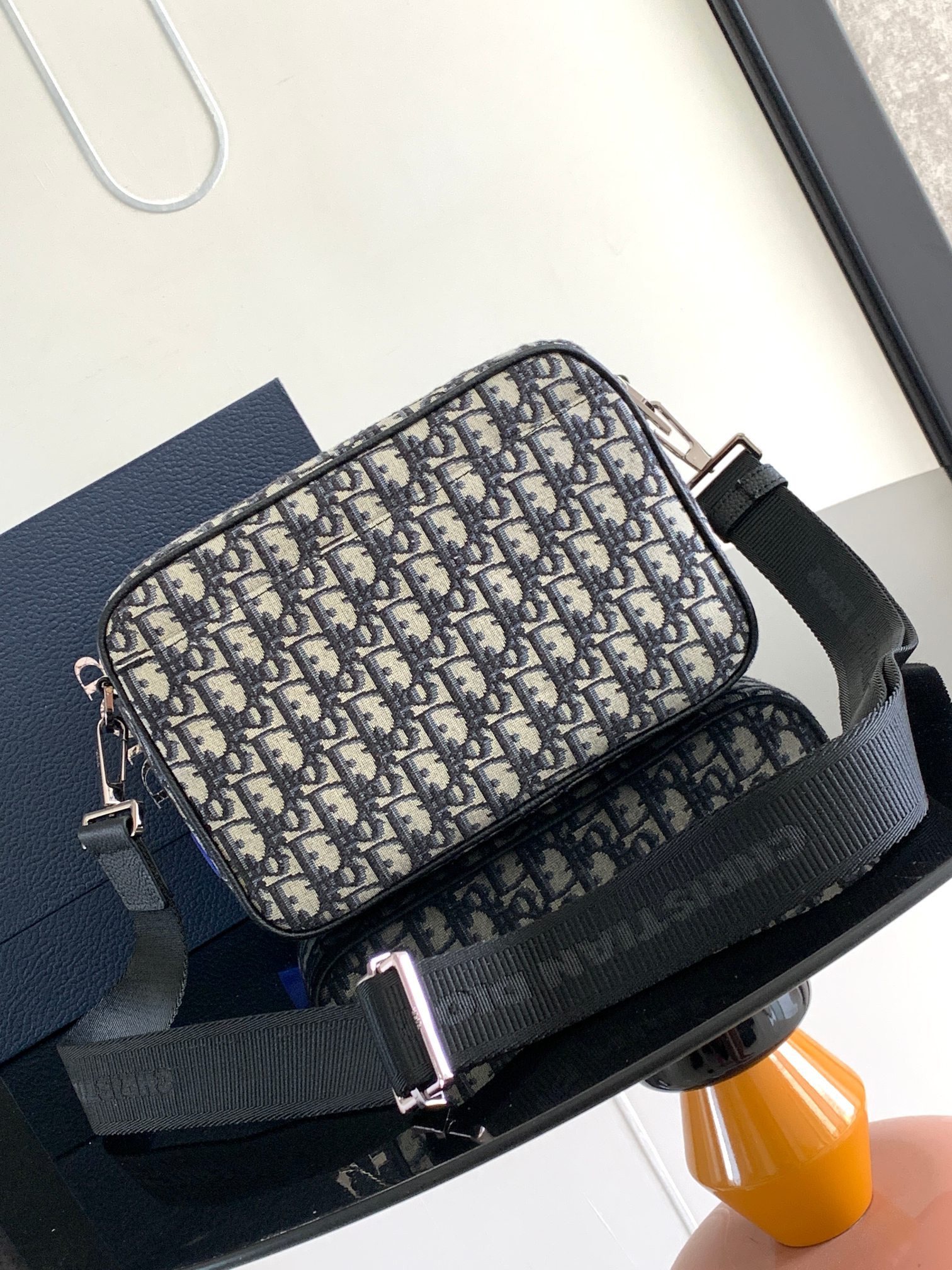 D*or maxi safari bag with strap beige and black D*or oblique jacquard