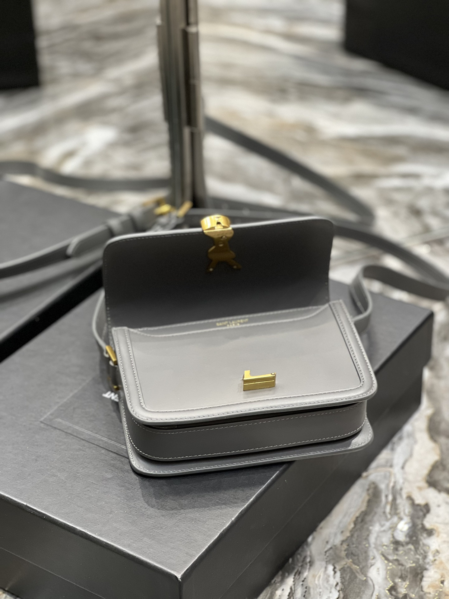 y*l solferino small satchel in box Sa**t Lau*nt storm 7.4 x 5.1 x 1.9 inches