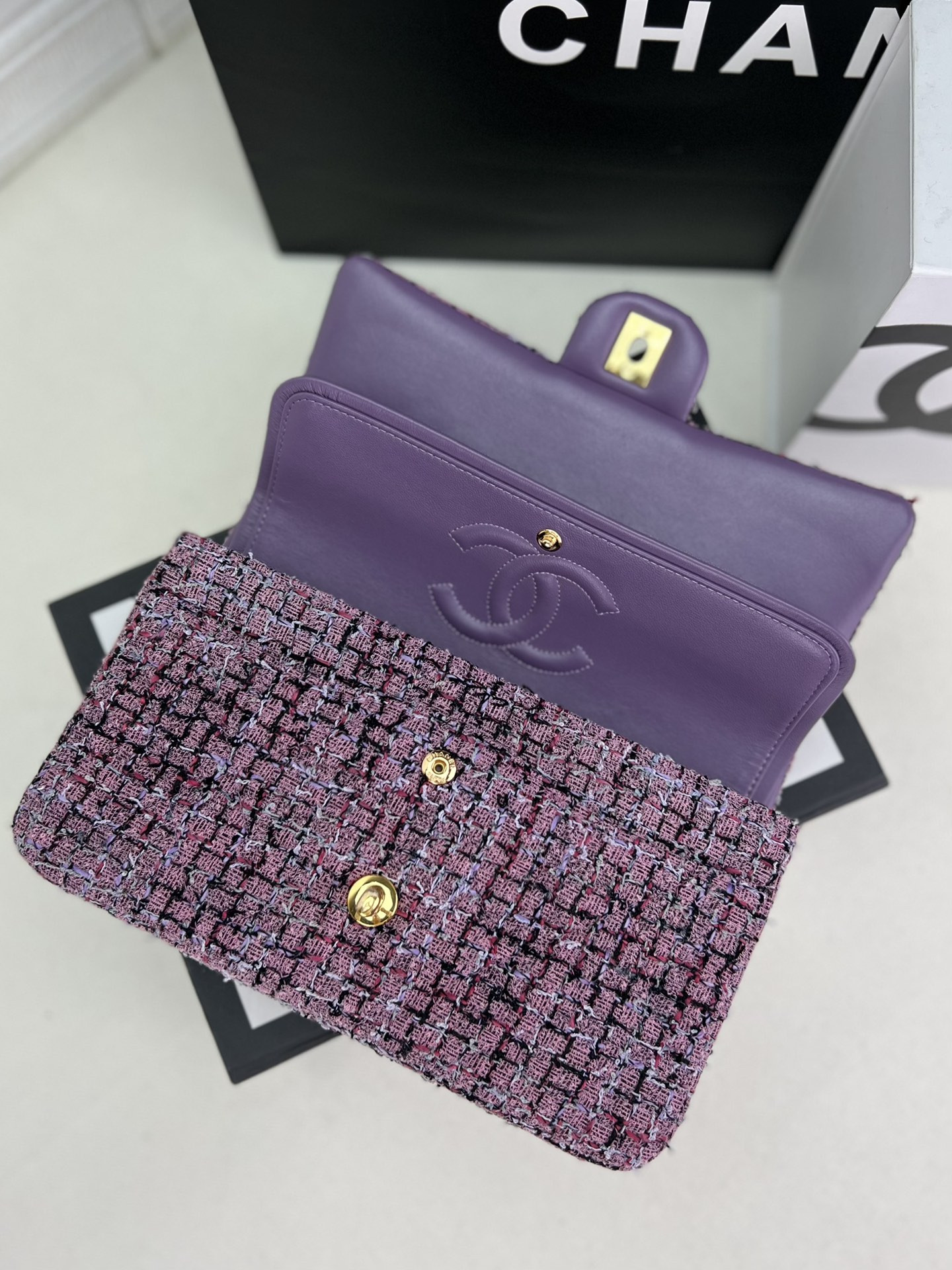 Ch*el classic 11.12 handbag tweed & gold-tone metal 6 × 9.9 × 2.5 in